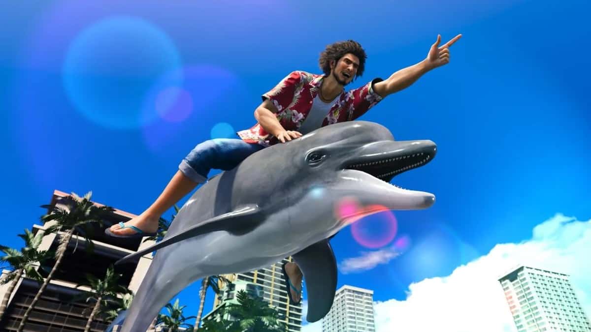 Ichiban Kasuga riding a dolphin in Like a Dragon Infinite Wealth