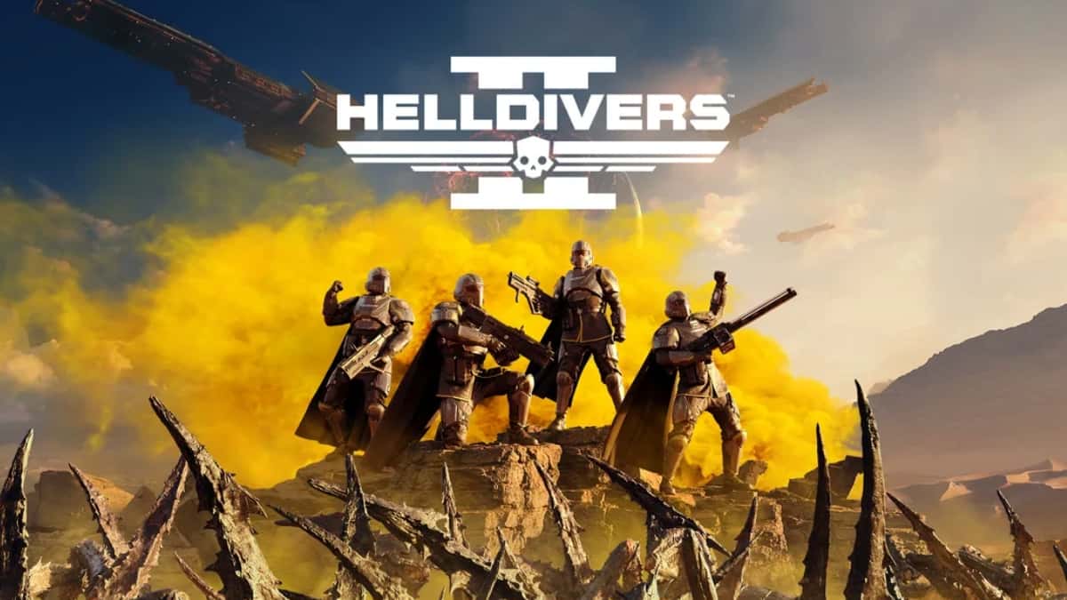 Helldivers 2 cover art with four characters celebrating