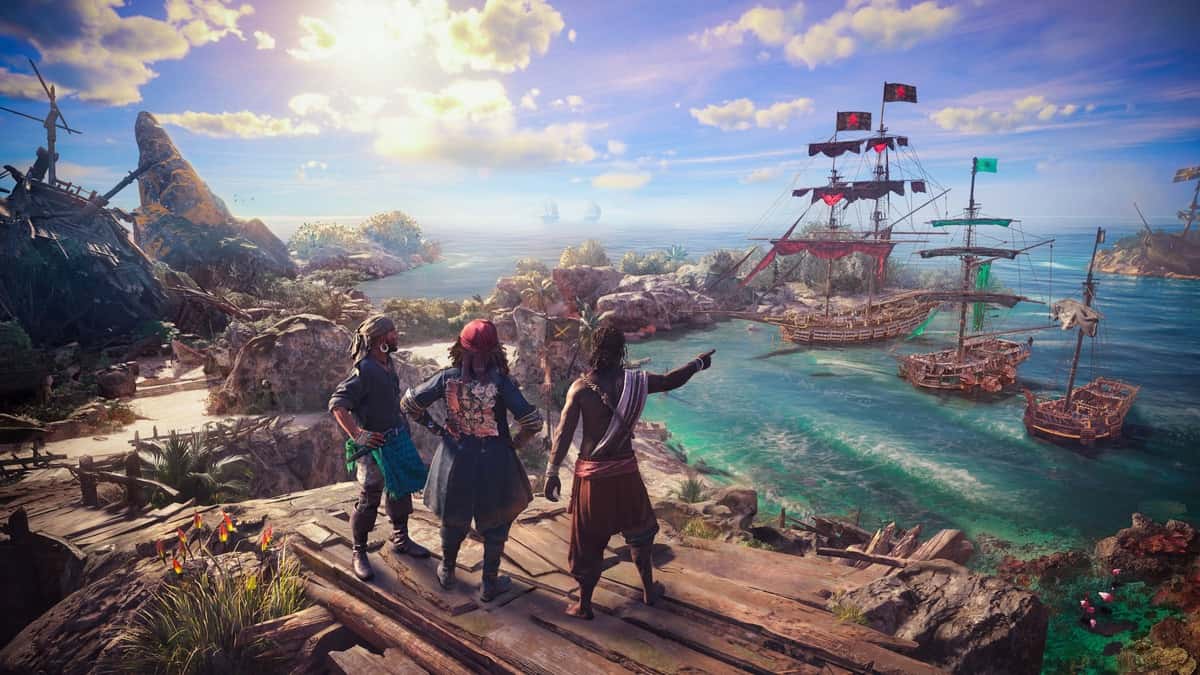 Three pirate one pointing at the ships in Skull and Bones