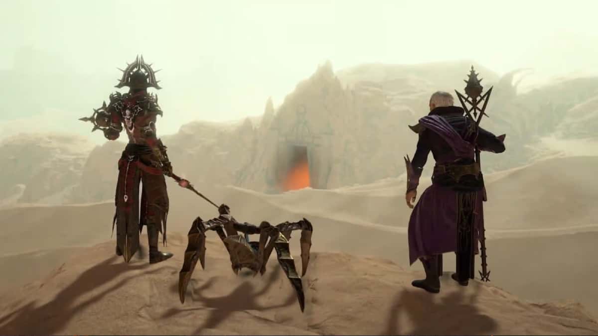 Diablo 4 characters and the Seneschal Construct pet on a desert