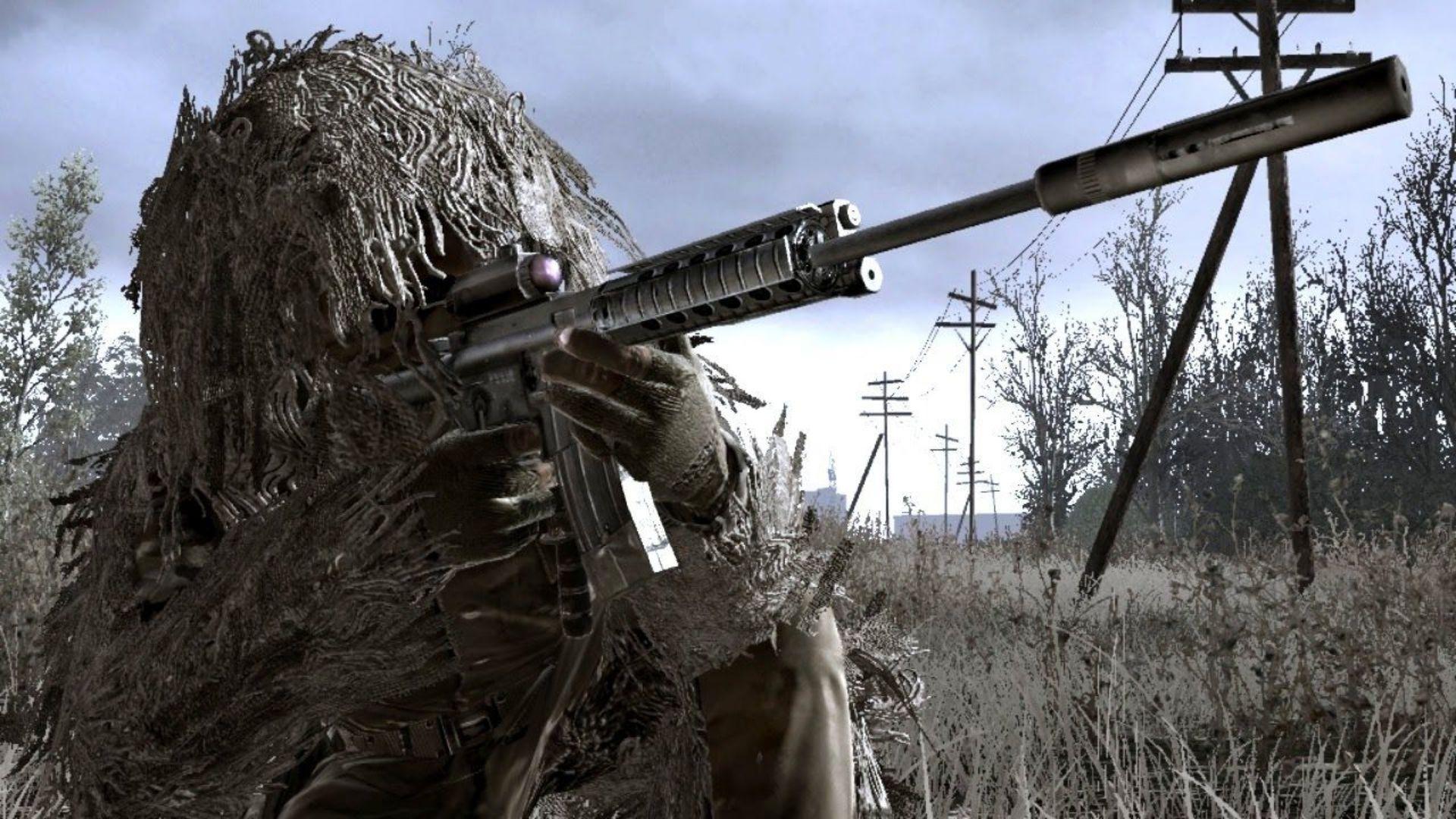Character wearing a ghillie suit in COD4