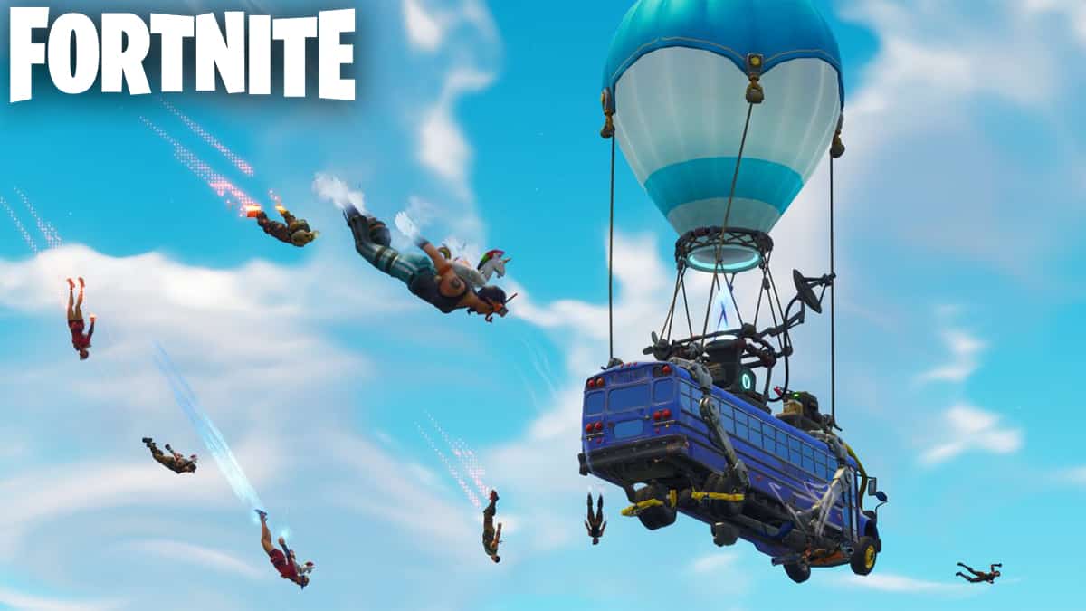 Fortnite players jumping out of the Battle Bus.