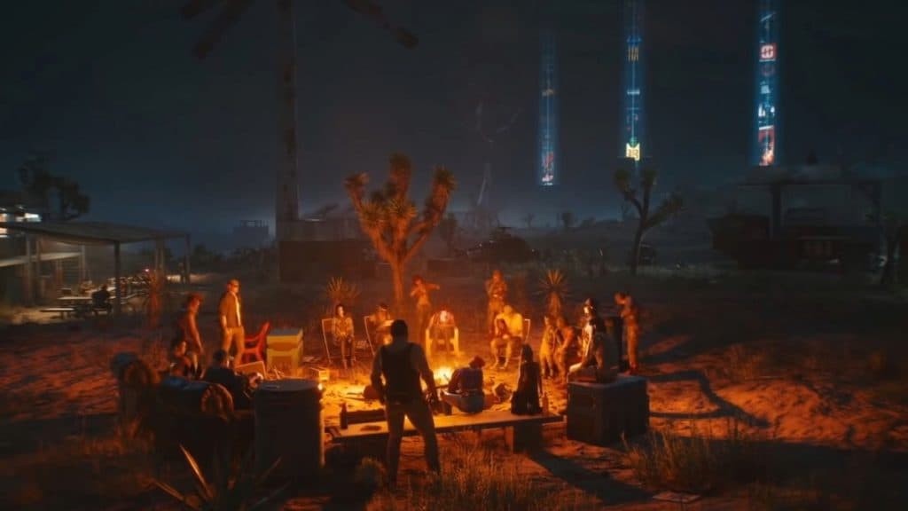 A clan campfire in Cyberpunk 2077