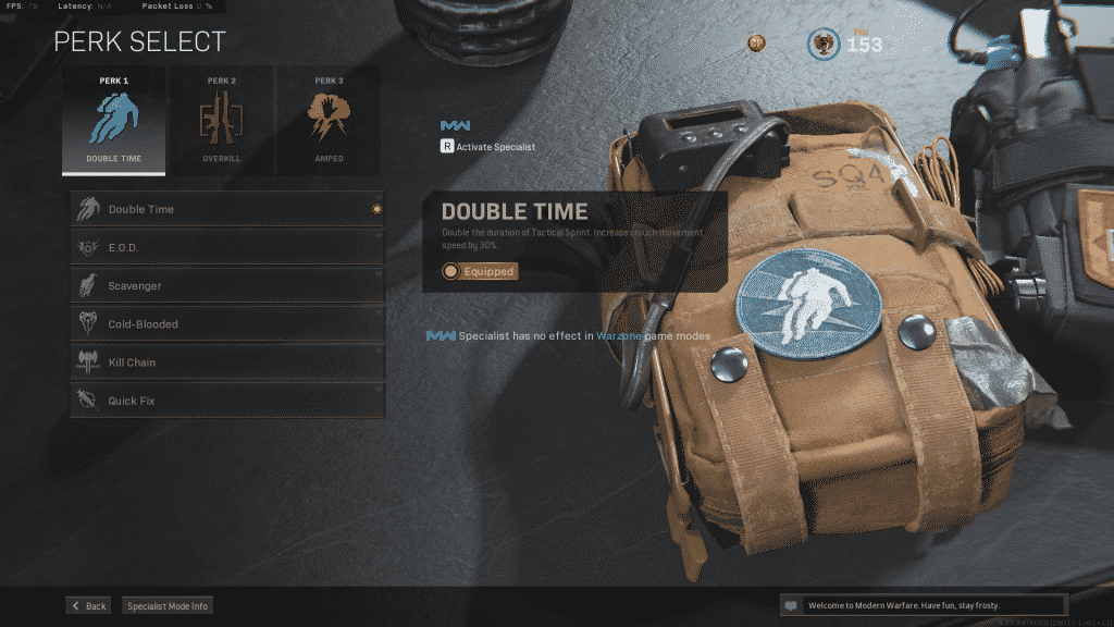 Double time perk in Warzone SP-R loadout class