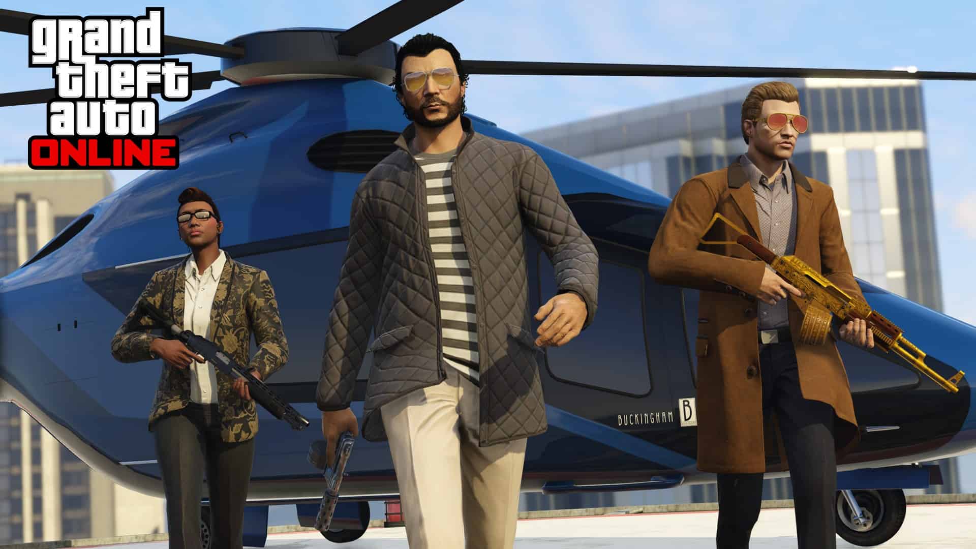 GTA Online characters landing from a helicopter