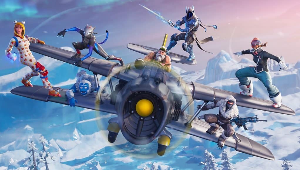 Fortnite players flying a Stormwing plane. 