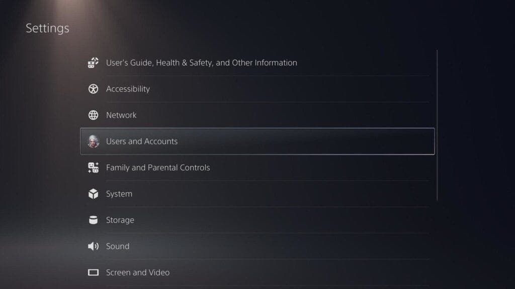 PS5 settings menu