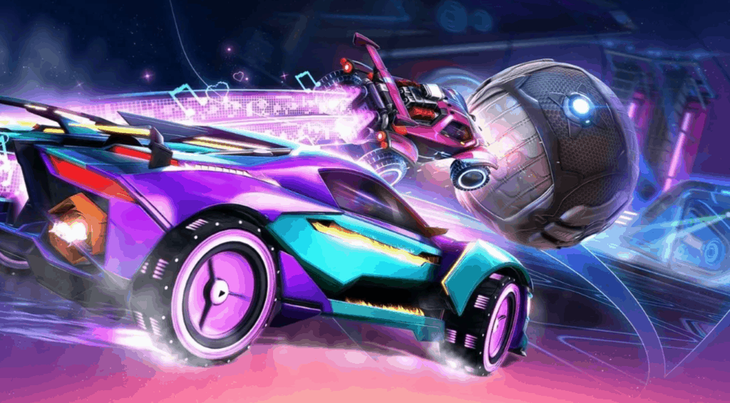 Players battling for a ball in Rocket League