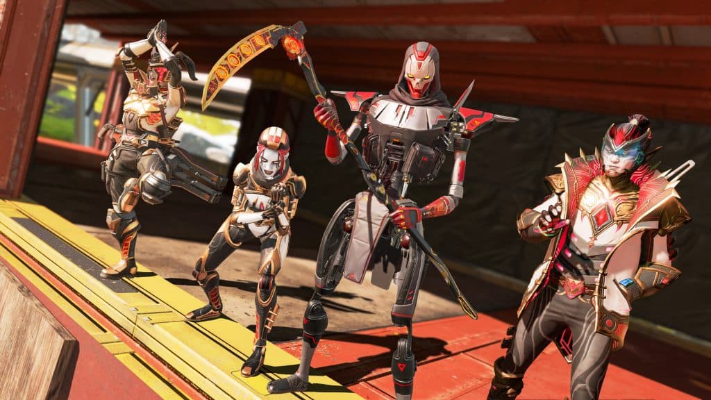 Various Apex Legends characters standing near a ledge.