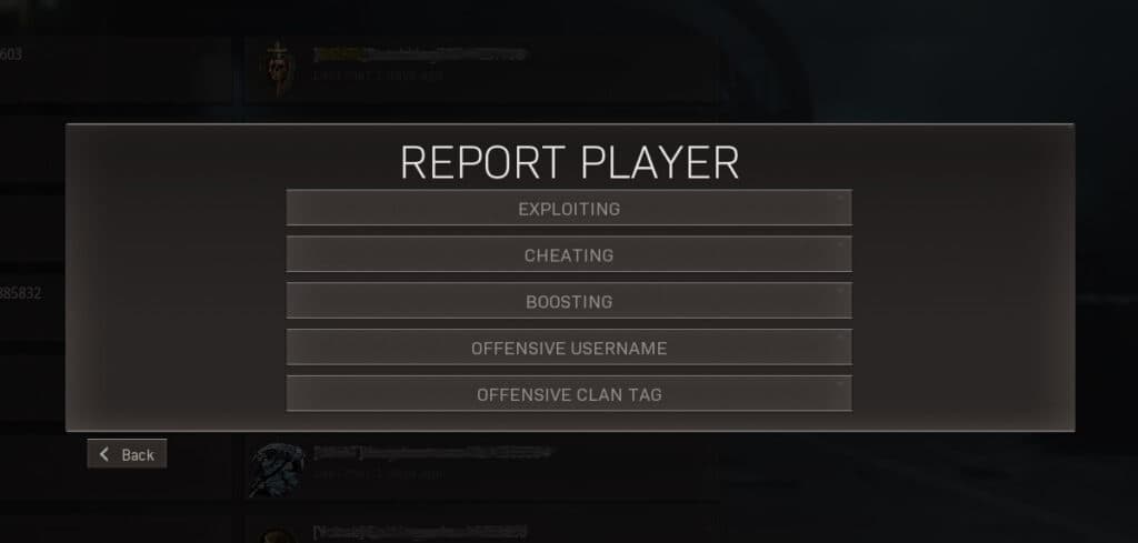 Warzone report player screen