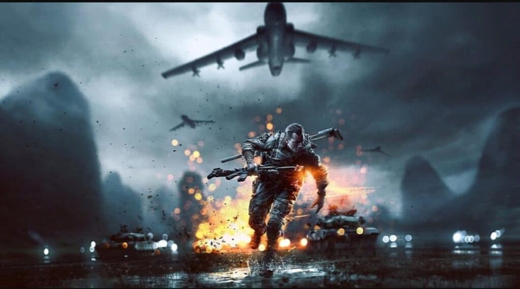 Battlefield player running underneath plane