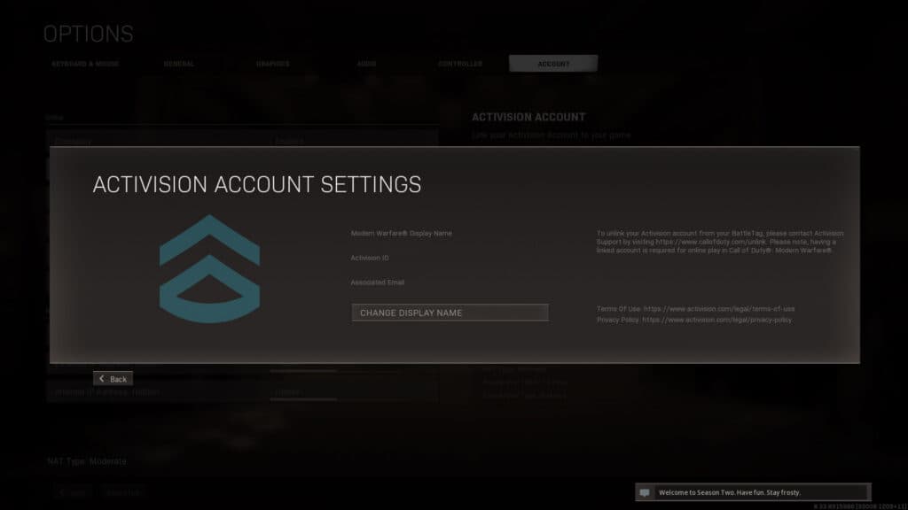 Change Activision account name screen