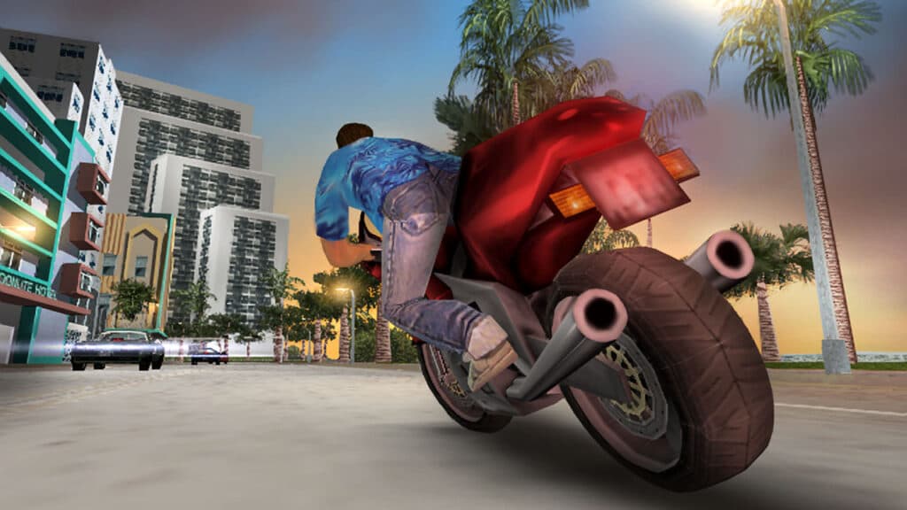 Tommy Vercetti riding a motorbike in GTA Vice City