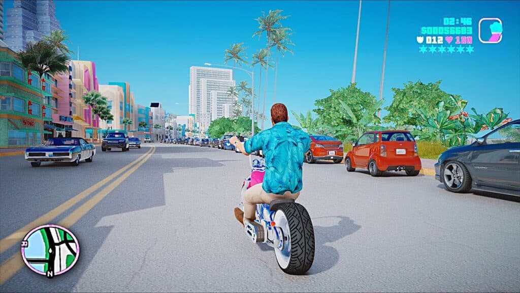 Tommy Vercetti riding a motorbike in GTA: Vice City