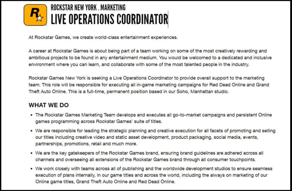 Rockstar Games live operations coordinator job listing