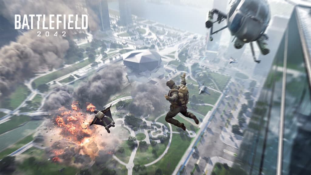 Players jumping out of a helicopter in Battlefield 2042