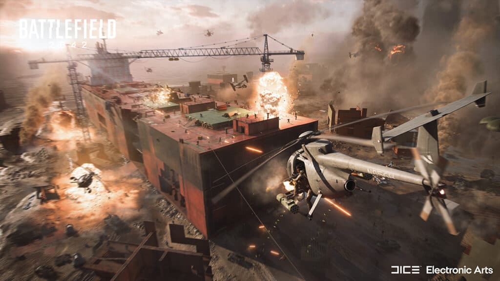 Helciopter flying towards shipping containers in Battlefield 2042.