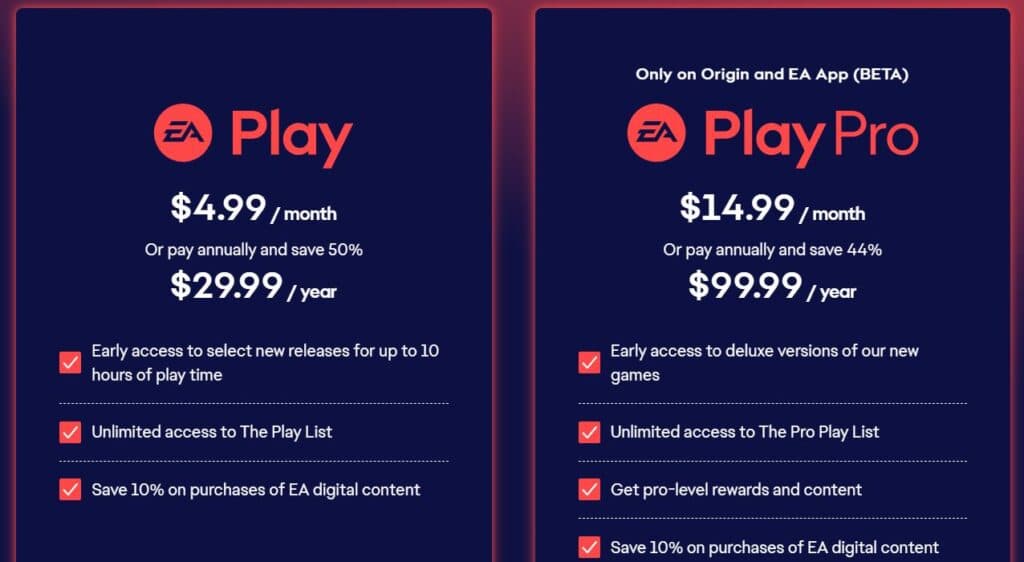 EA Play subscription options