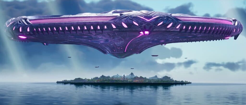 Alien spaceship flying over Fortnite island