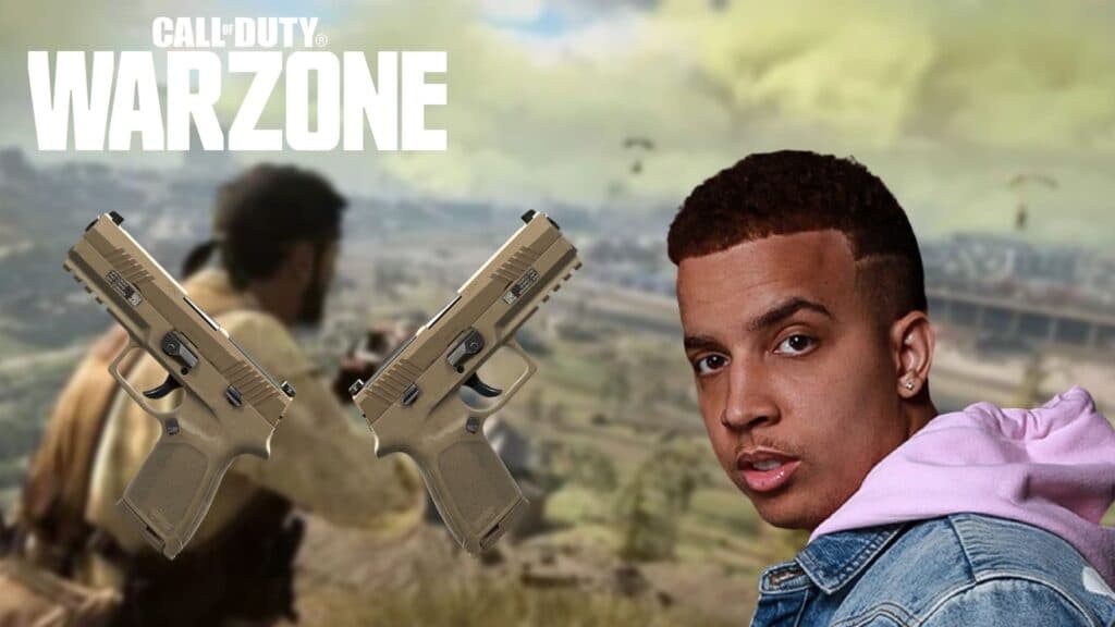 faze swagg and m19 akimbo pistols with Warzone picture as background