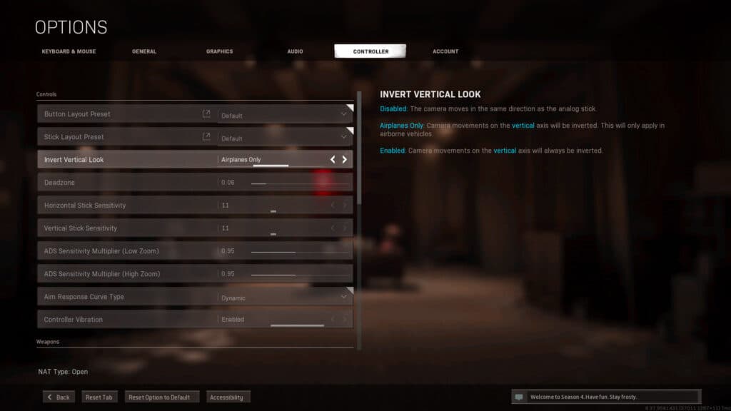 Warzone controller options menu showing airplanes only setting