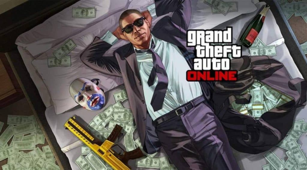 gta online character sitting on a bed with money