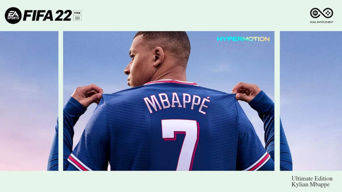 Promo image of the FIFA 22 cover featuring Kylian Mbappe