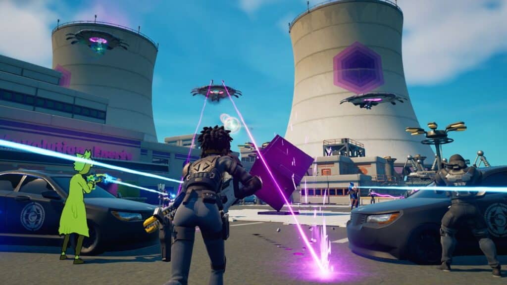 Fortnite character being attacked by UFOs