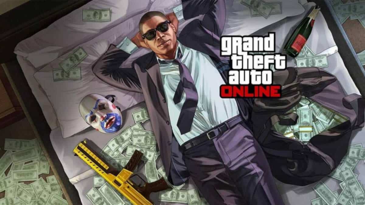 GTA Online character laying on bed of money