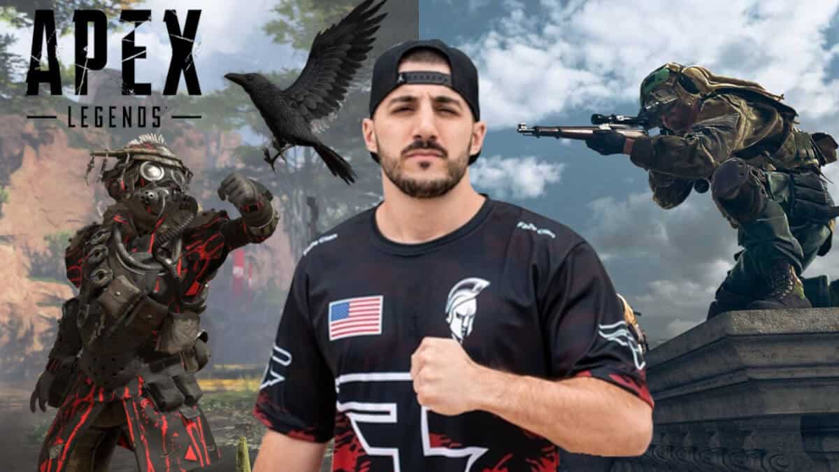 NICKMERCS in front of Apex Legends and Warzone screenshots