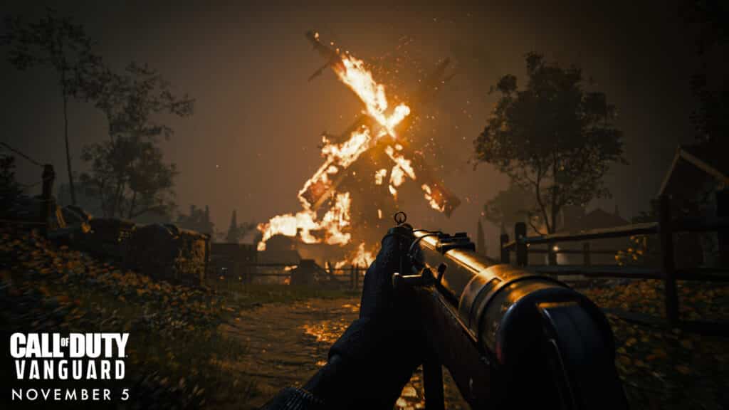 Player looking at a burning windmill in Call of Duty: Vanguard