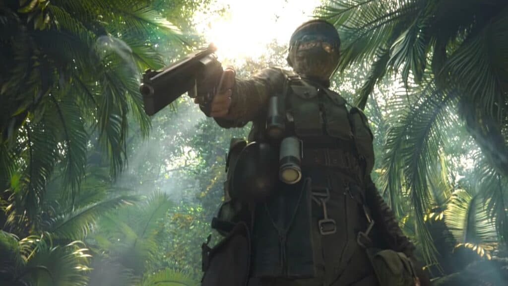operator firing gun in cold war jungle