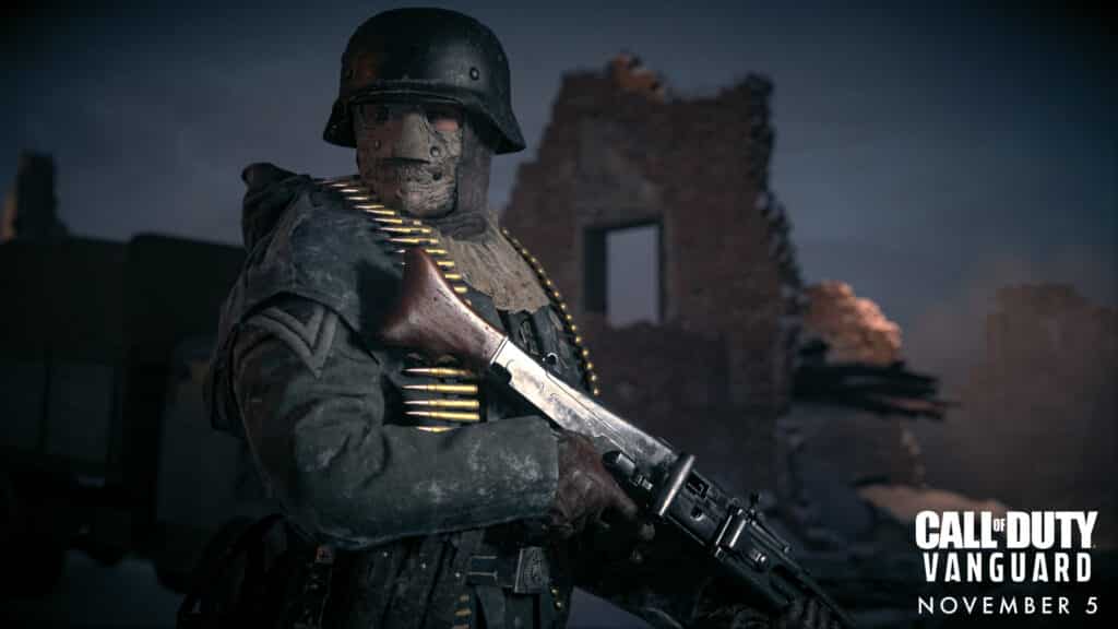 Call of Duty: Vanguard masked soldier holding a MG42 machine gun