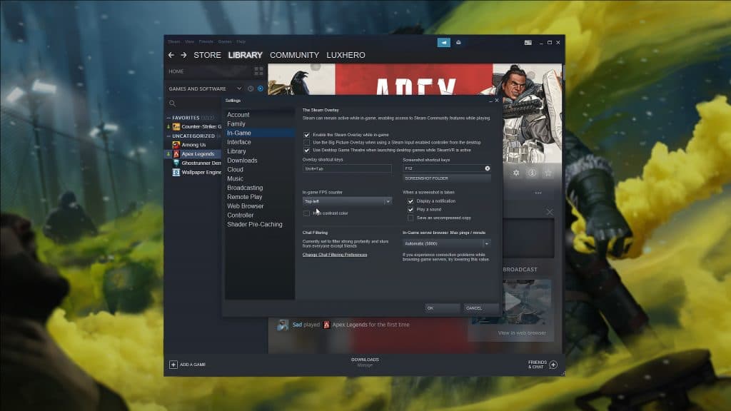 Steam Apex Legends FPS counter setting.