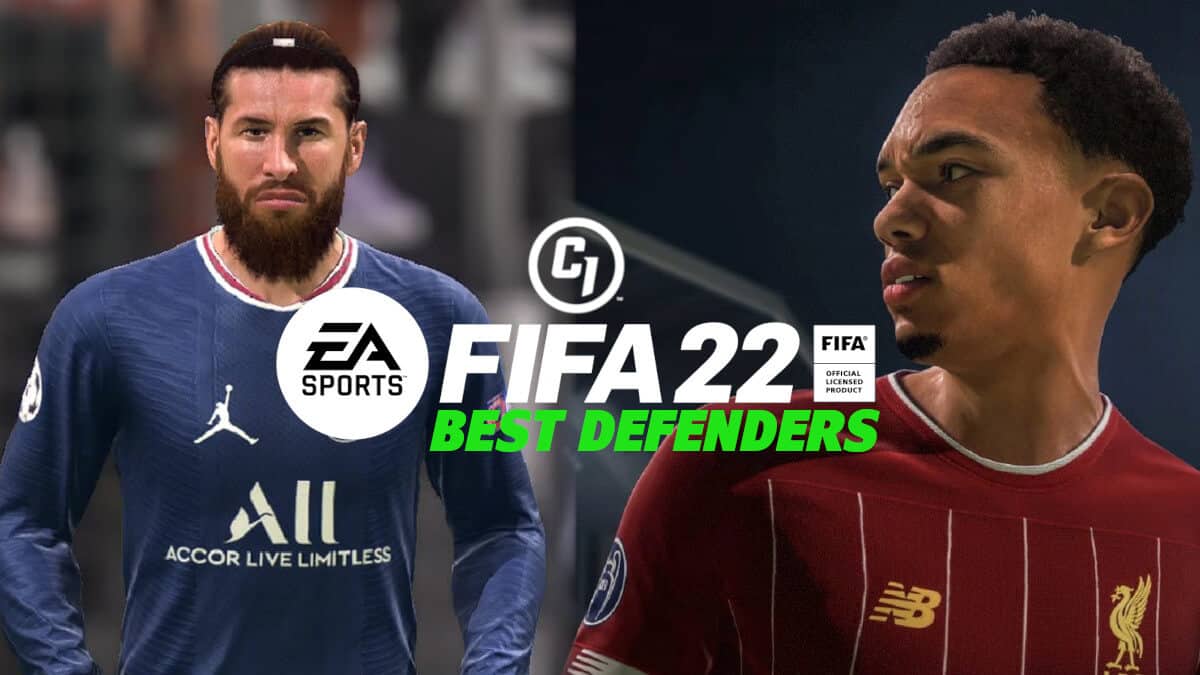 FIFA 22 defenders behind logo