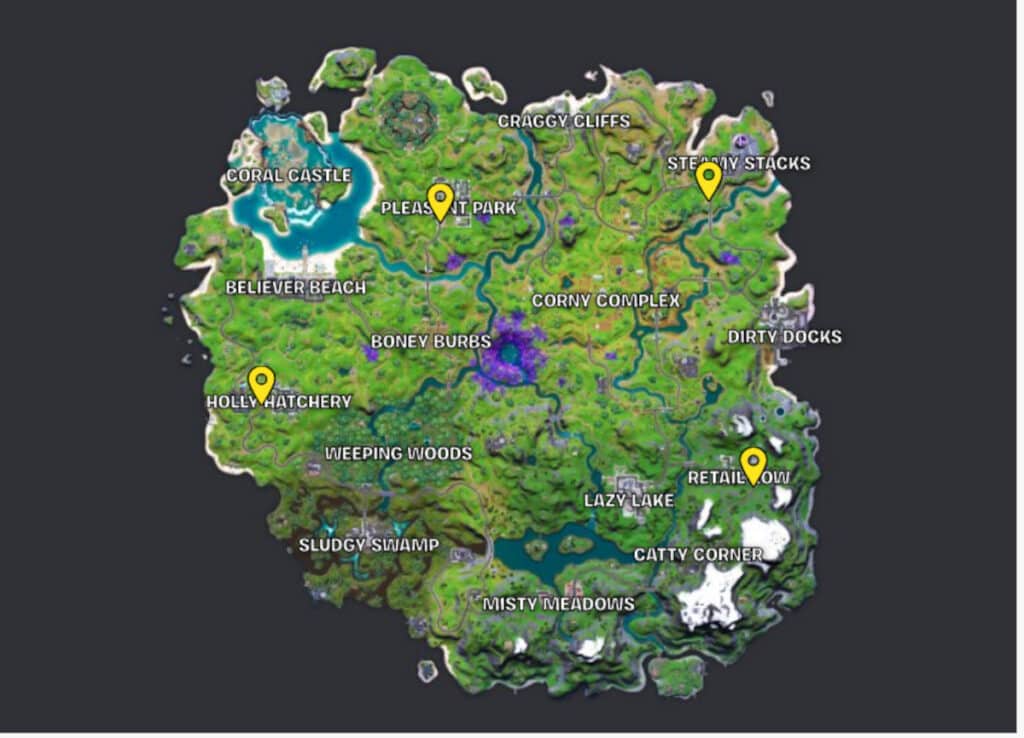 Map showing bus stop locations in Fortnite