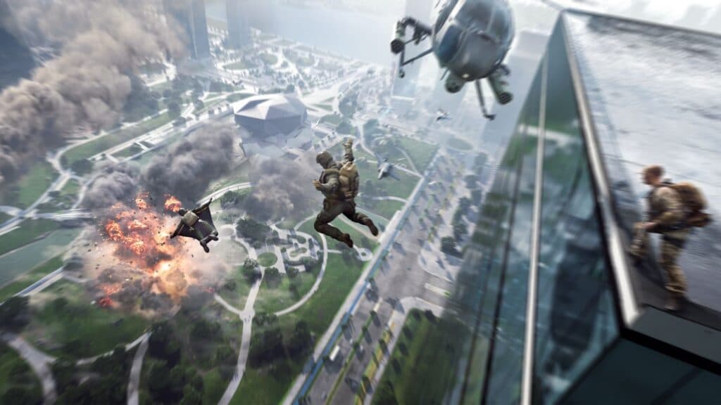 Players diving off a building in Battlefield 2042