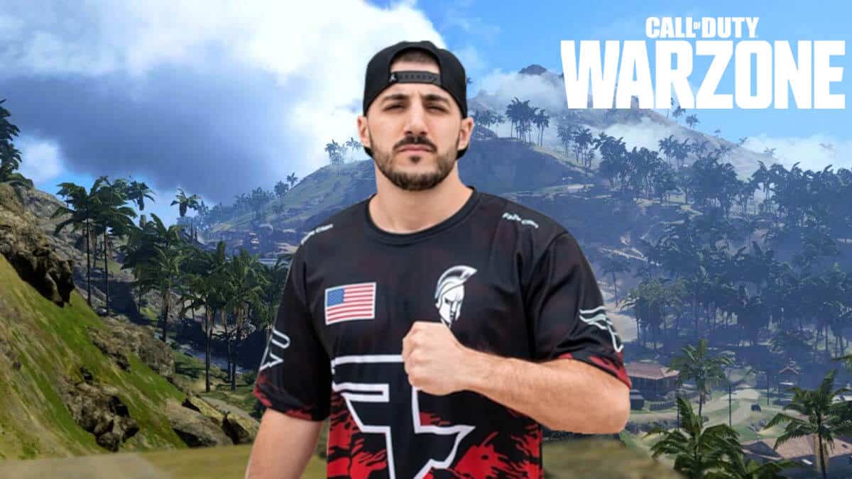 Streamer NICKMERCS in front of Pacific Warzone map