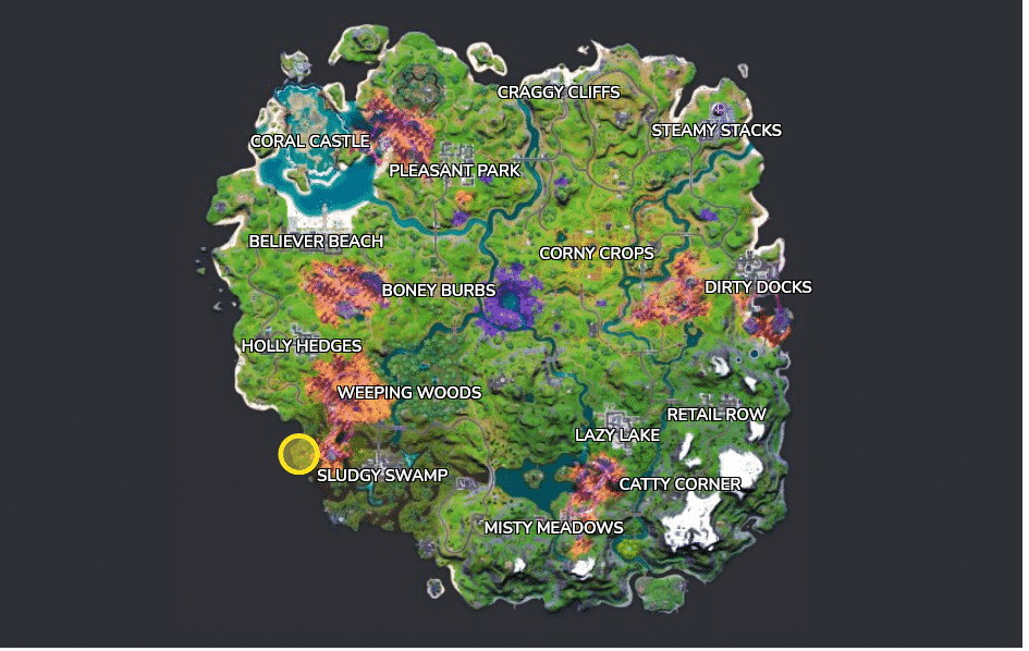 Map showing location of Shanty Town in Fortnite.