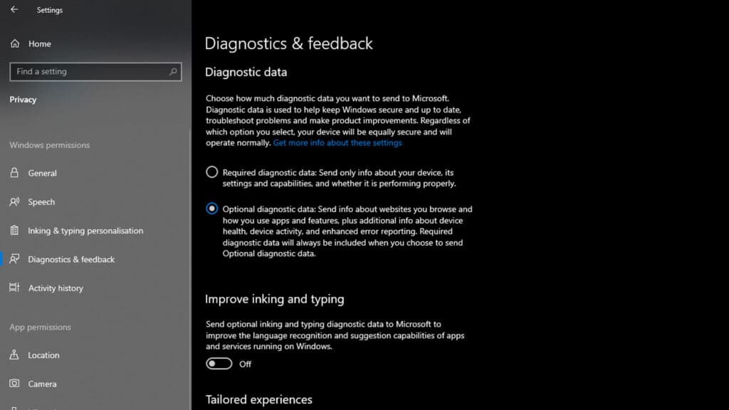 Windows Diagnostic Data page