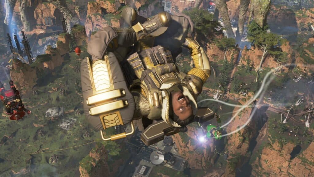 Gibraltar skydiving with teammates in Apex Legends