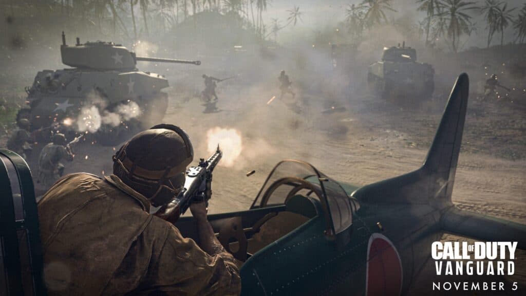 Airplane pilot shooting light machine gun in Call of Duty: Vanguard
