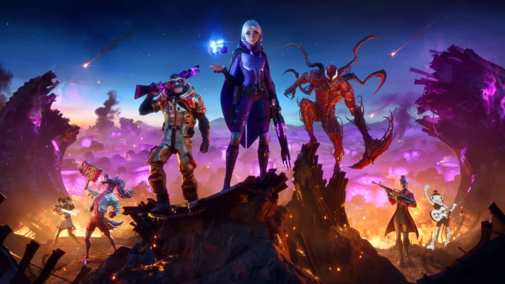 fortnite chapter 2 season 8 characters standing on a crater