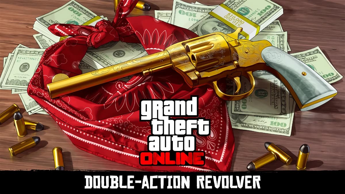 The gold-plated double action revolver placed on stacks of money and a red bandana with a GTA Online logo below it.