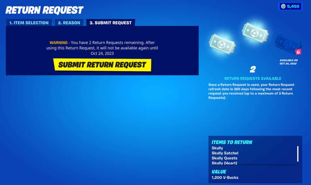Fortnite Submit Return Request page