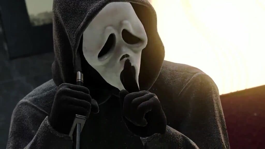ghost face skin shushing holding a knife in warzone