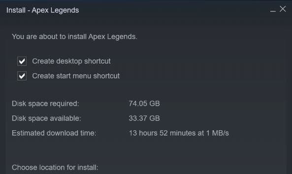 Apex Legends size on Steam