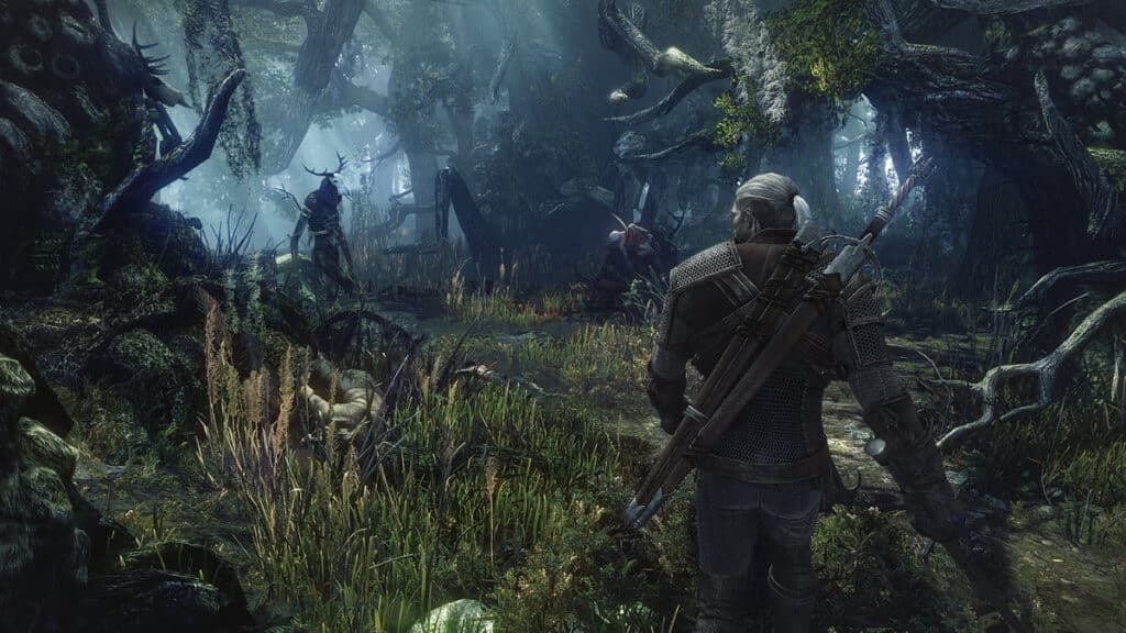 Geralt in a forest in Witcher 3