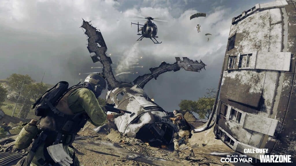players fighting near fallen satellites in verdansk