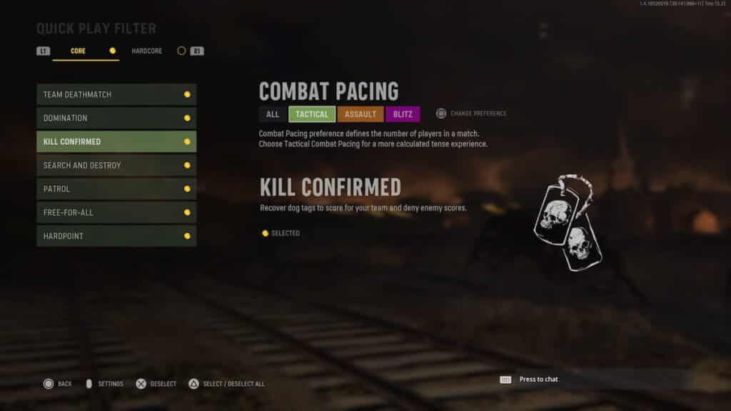 Vanguard Combat Pacing options screen with Tactical selected.